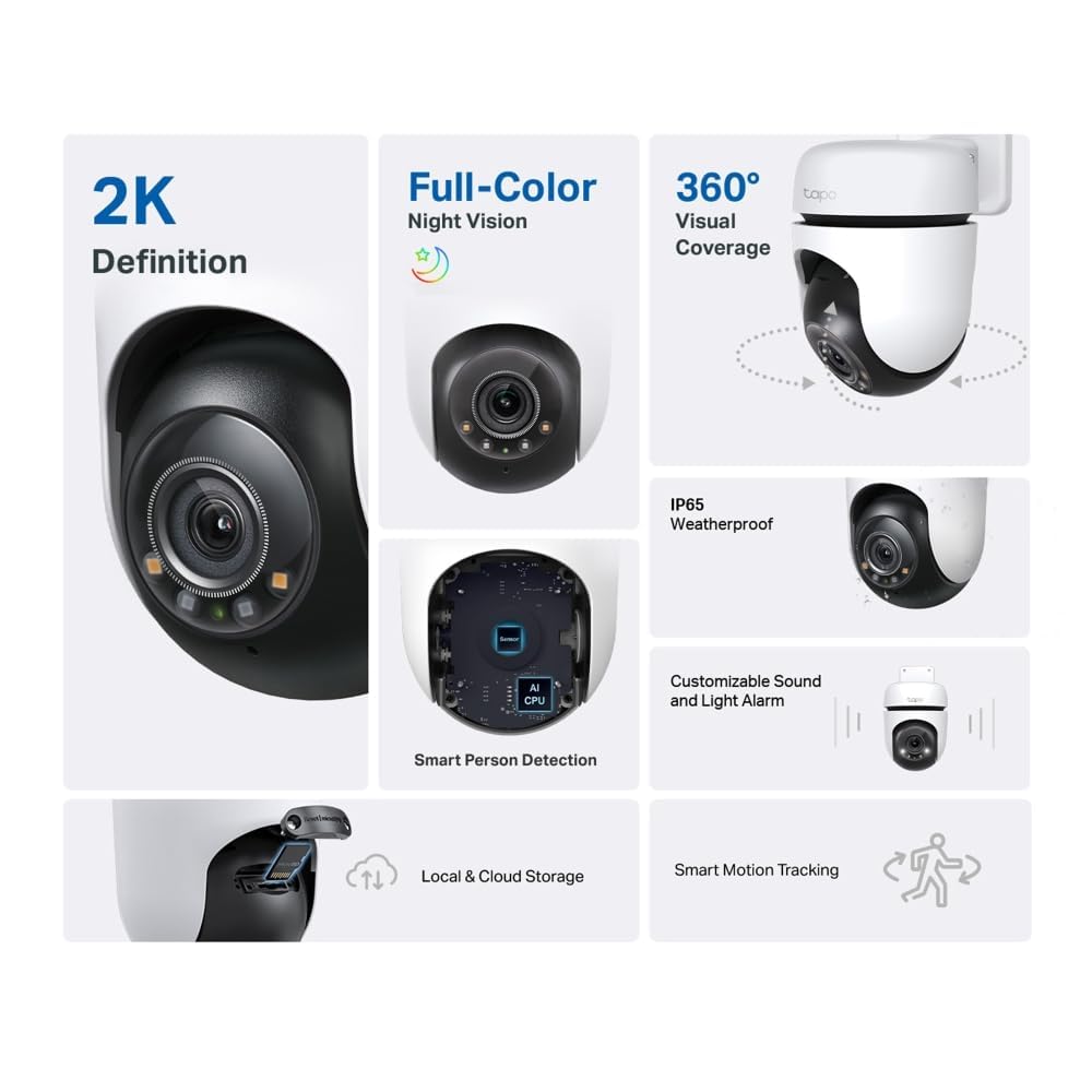 Tapo 2K 3MP Pan/Tilt Smart Security Camera Outdoor Wireless, CCTV Camera, 360° Vision and Motion Tracking, Customizable Sound and Light Alarm, Two-Way Audio, IP65 Weatherproof (TC41) No Monthly Fee