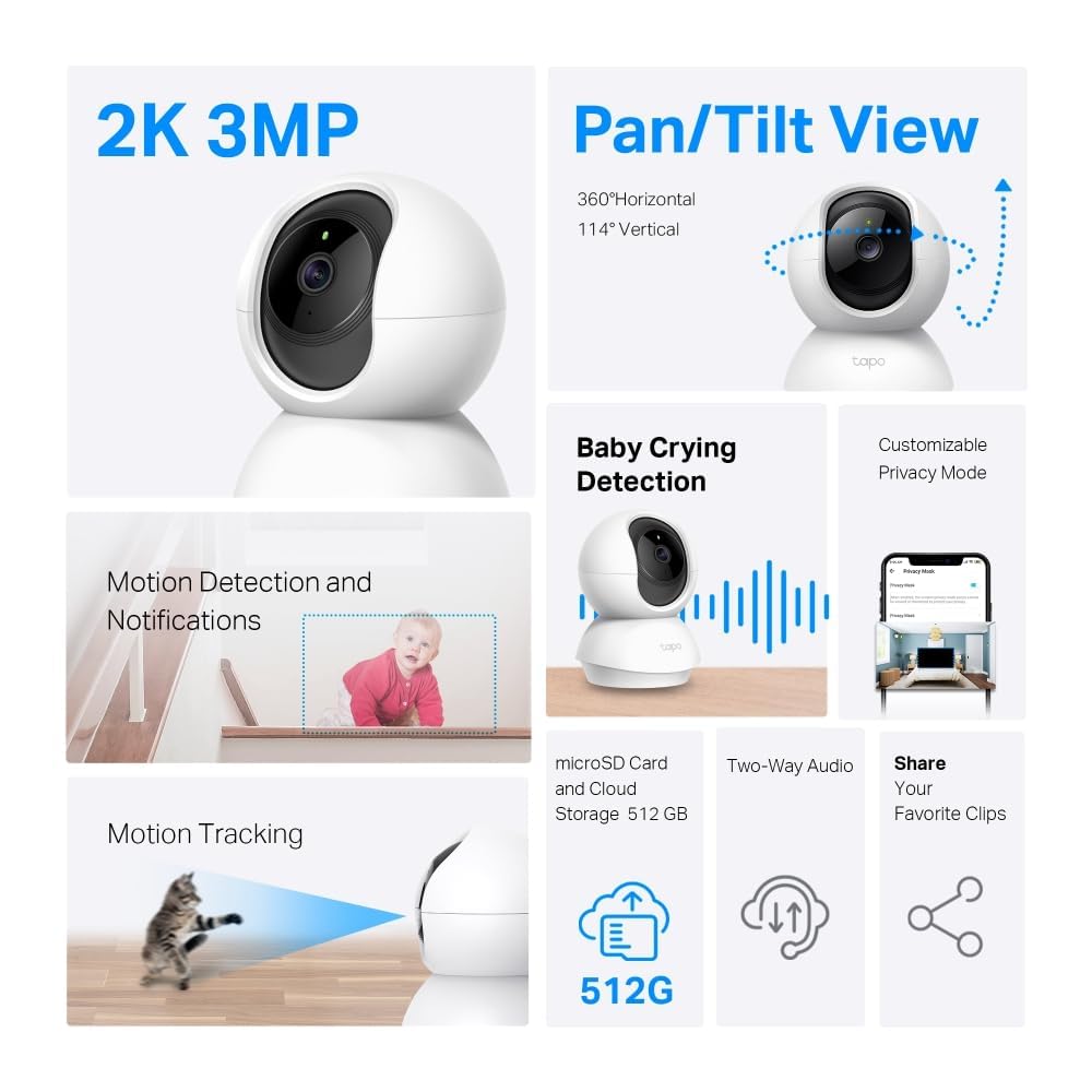 Tapo Wifi Indoor Camera, 2K 3MP Full HD Baby Camera, 360° Security Wireless Pet Camera, Night Vision, Work with Alexa & Google Home, 2 Pack(Tapo C210P2) (Package may vary)