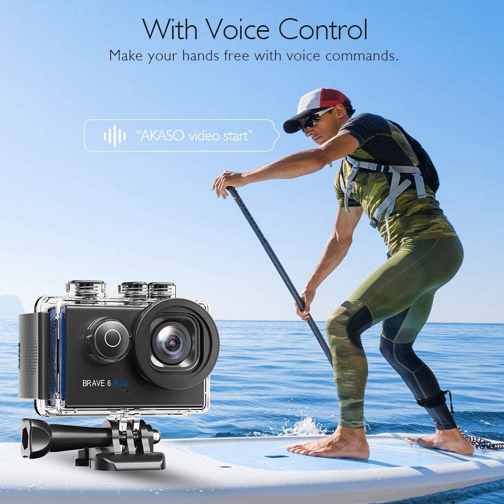 AKASO Brave 6 Plus Native 4K30FPS 20MP WiFi Action Camera with Touch Screen EIS Voice Control Remote Control 131 Feet Underwater Camera with 2 Batteries and Helmet Accessories Kit