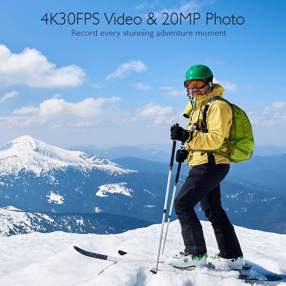 AKASO Brave 6 Plus Native 4K30FPS 20MP WiFi Action Camera with Touch Screen EIS Voice Control Remote Control 131 Feet Underwater Camera with 2 Batteries and Helmet Accessories Kit