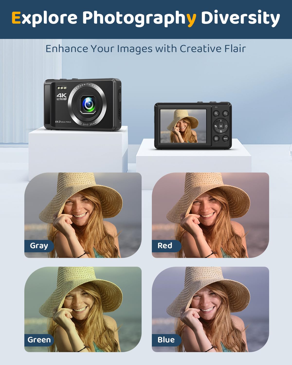 4K 64MP Digital Camera - Autofocus UHD Compact Camera - Rechargeable Vlogging Camera with 32GB Card & 2 Batteries, Portable Mini Camera with 16X Digital Zoom for Kids Beginners Teenagers