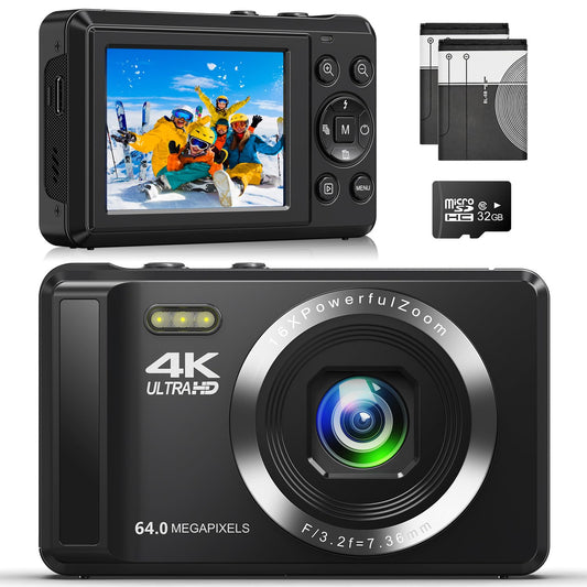 4K 64MP Digital Camera - Autofocus UHD Compact Camera - Rechargeable Vlogging Camera with 32GB Card & 2 Batteries, Portable Mini Camera with 16X Digital Zoom for Kids Beginners Teenagers
