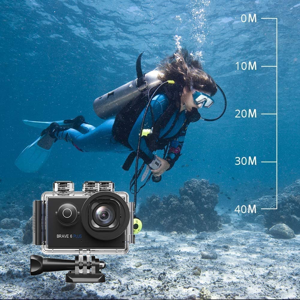 AKASO Brave 6 Plus Native 4K30FPS 20MP WiFi Action Camera with Touch Screen EIS Voice Control Remote Control 131 Feet Underwater Camera with 2 Batteries and Helmet Accessories Kit