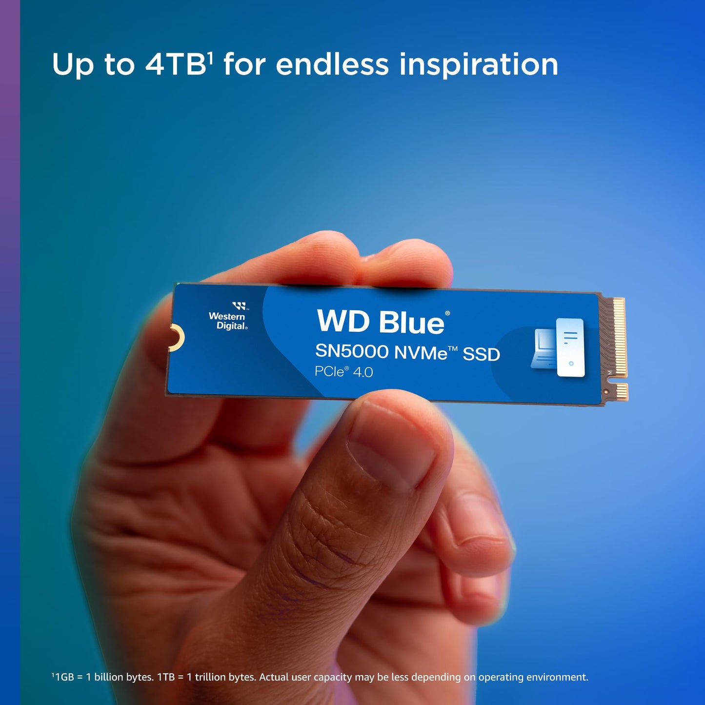 WD Blue SN5000 4TB SSD, M.2 2280 NVMe SSD, Read speeds up to 5500 MB/s, PCIe Gen4, nCache Technology, Free Acronis True Image data migration software, Internal solid state drive.