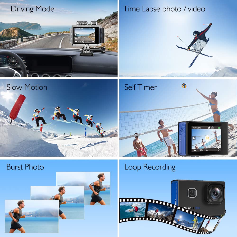 AKASO Brave 6 Plus Native 4K30FPS 20MP WiFi Action Camera with Touch Screen EIS Voice Control Remote Control 131 Feet Underwater Camera with 2 Batteries and Helmet Accessories Kit