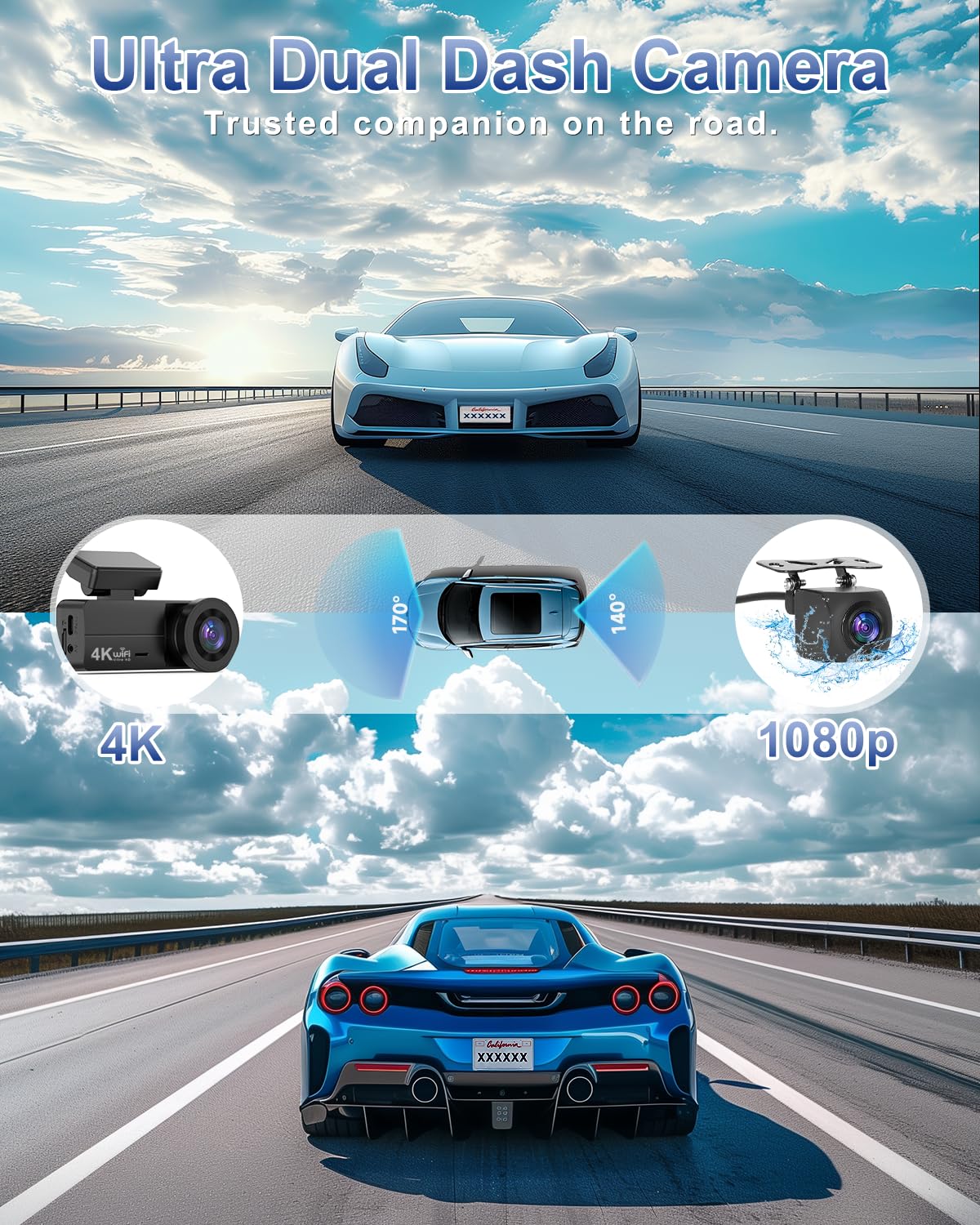 DYNACAM Dash Cam Front and Rear 4K+1080P, Dash Cam Inserted 64GB SD Card, Built-in WiFi Dash Camera for Cars, Super Night Vision Dashcam, 24H Parking Mode, G-Sensor, Loop Recording Car Camera
