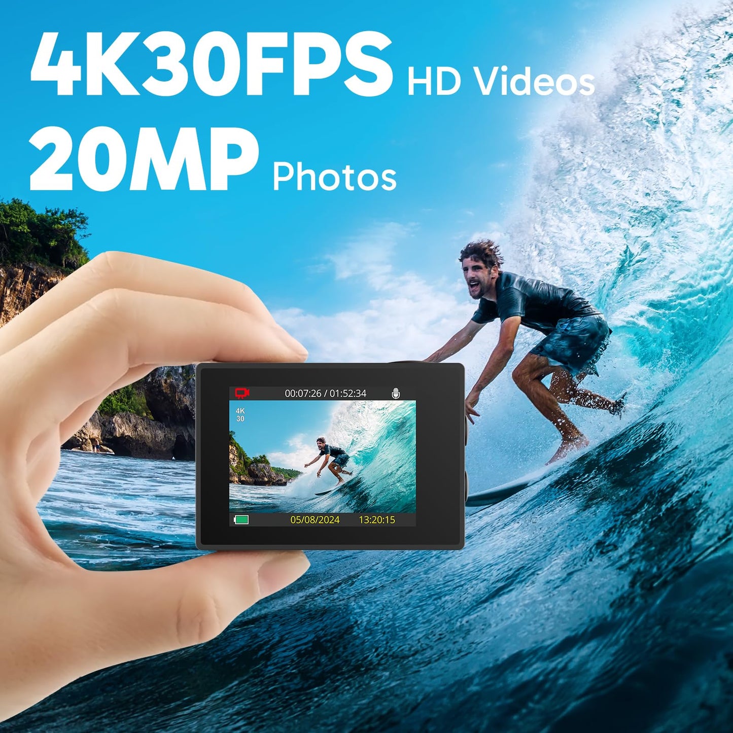 AKASO EK7000 4K30FPS Action Camera with 64GB microSDXC Memory Card - 20MP Ultra HD Underwater Camera 170 Degree Wide Angle Waterproof Camera with Accessory Kit