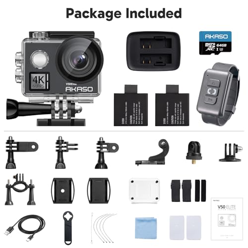 AKASO V50 Elite Action Camera + 64GB microSD Memory Card - 4K/60fps Touch Screen WiFi Action Camera Voice Control EIS 40m Waterproof Camera Adjustable View Angle 8X Zoom Camera with Accessories Kit