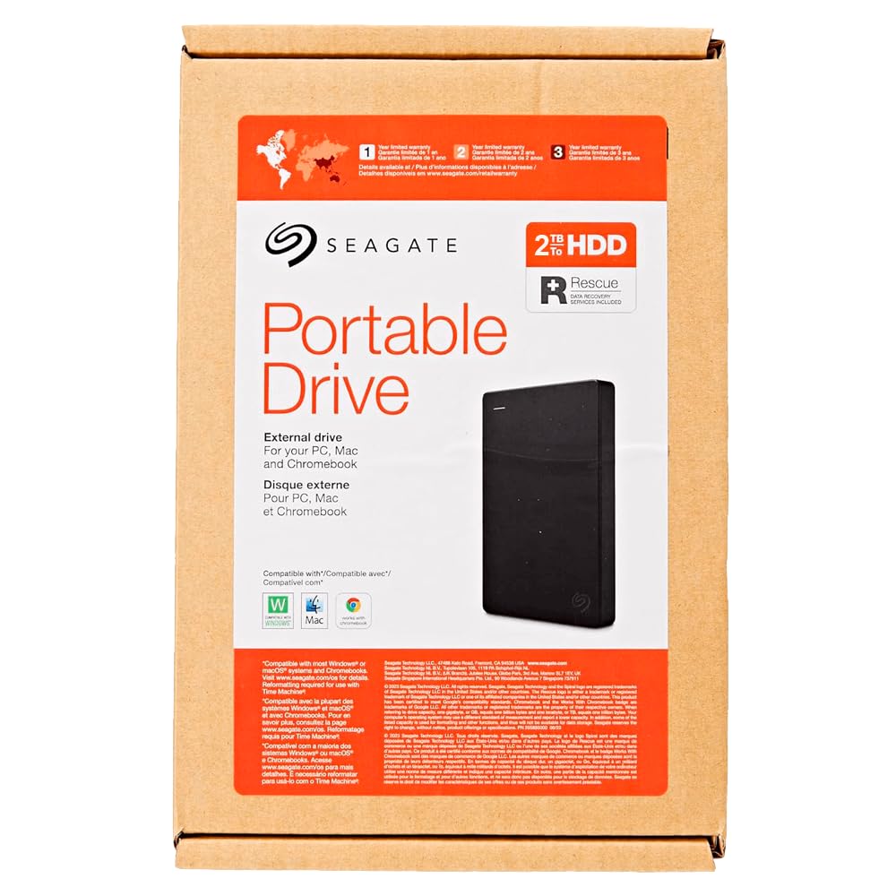 Seagate Portable Drive, 2TB, External Hard Drive, Classic Black, for PC Laptop and Mac, 2 year Rescue Services, Amazon Exclusive (STGX2000400)