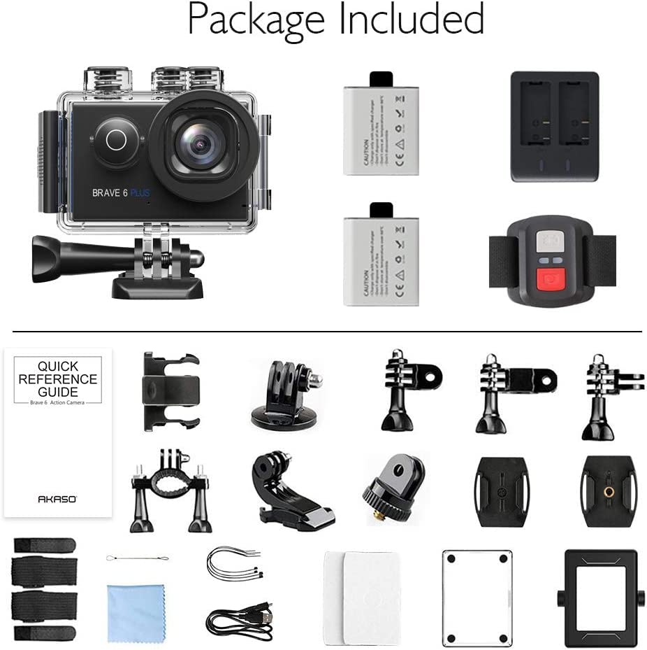 AKASO Brave 6 Plus Native 4K30FPS 20MP WiFi Action Camera with Touch Screen EIS Voice Control Remote Control 131 Feet Underwater Camera with 2 Batteries and Helmet Accessories Kit