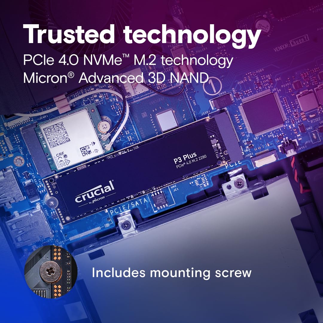 Crucial P3 Plus SSD 1TB M.2 NVMe PCIe Gen4 Internal SSD, Up to 5000MB/s, Laptop & Desktop (PC) Compatible, Solid State Drive - CT1000P3PSSD801