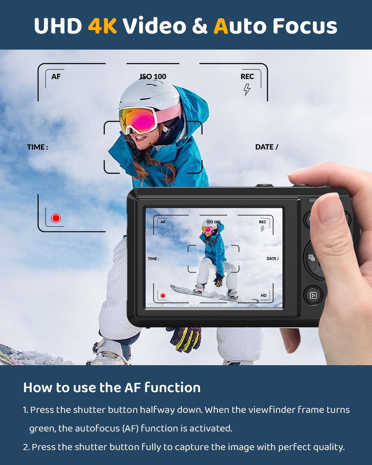 4K 64MP Digital Camera - Autofocus UHD Compact Camera - Rechargeable Vlogging Camera with 32GB Card & 2 Batteries, Portable Mini Camera with 16X Digital Zoom for Kids Beginners Teenagers