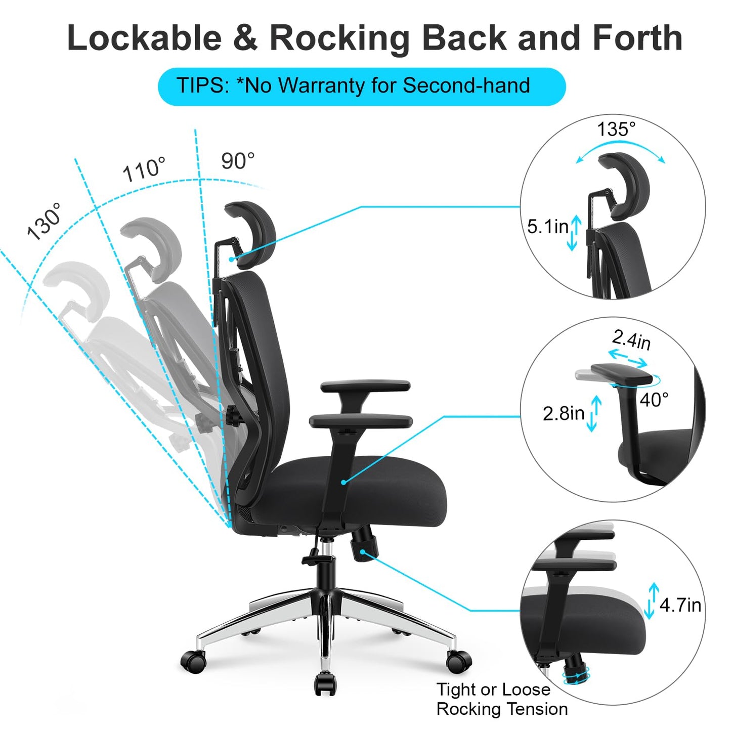 Ticova Ergonomic Office Chair - High Back Desk Chair with Adjustable Lumbar Support, Headrest & 3D Armrest - 130°Rocking Mesh Computer Chair