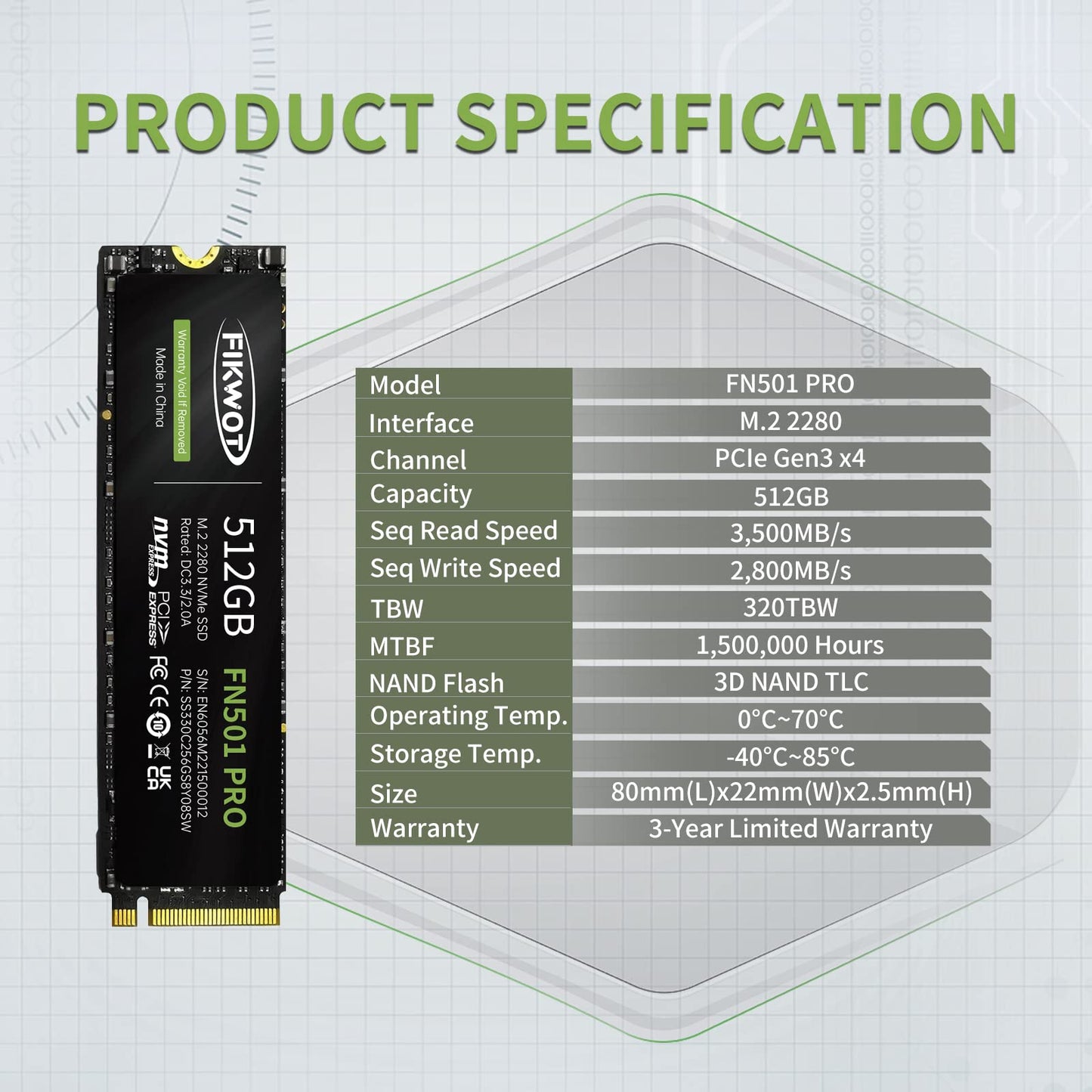 Fikwot FN501 Pro NVMe SSD 512GB M.2 2280 Up to 3500MB/s PCIe Gen3 x4 3D TLC NAND Internal Solid State Drive, SLC Cache Compatible with Laptops & Desktops
