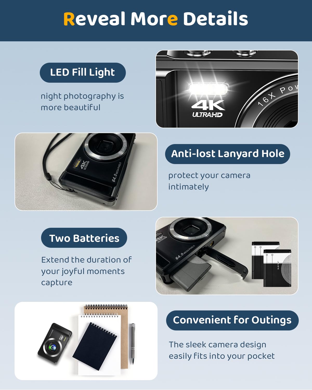 4K 64MP Digital Camera - Autofocus UHD Compact Camera - Rechargeable Vlogging Camera with 32GB Card & 2 Batteries, Portable Mini Camera with 16X Digital Zoom for Kids Beginners Teenagers