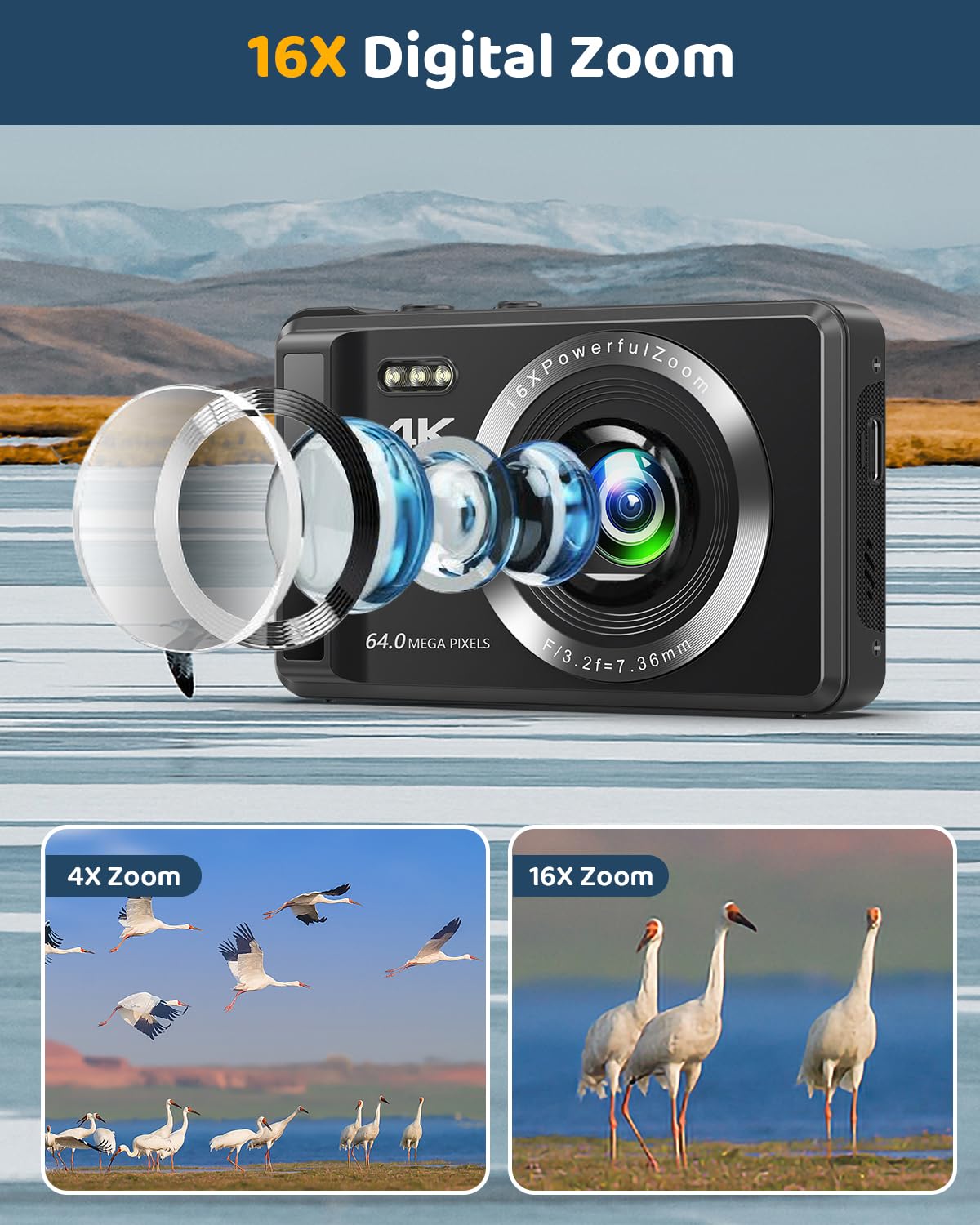 4K 64MP Digital Camera - Autofocus UHD Compact Camera - Rechargeable Vlogging Camera with 32GB Card & 2 Batteries, Portable Mini Camera with 16X Digital Zoom for Kids Beginners Teenagers