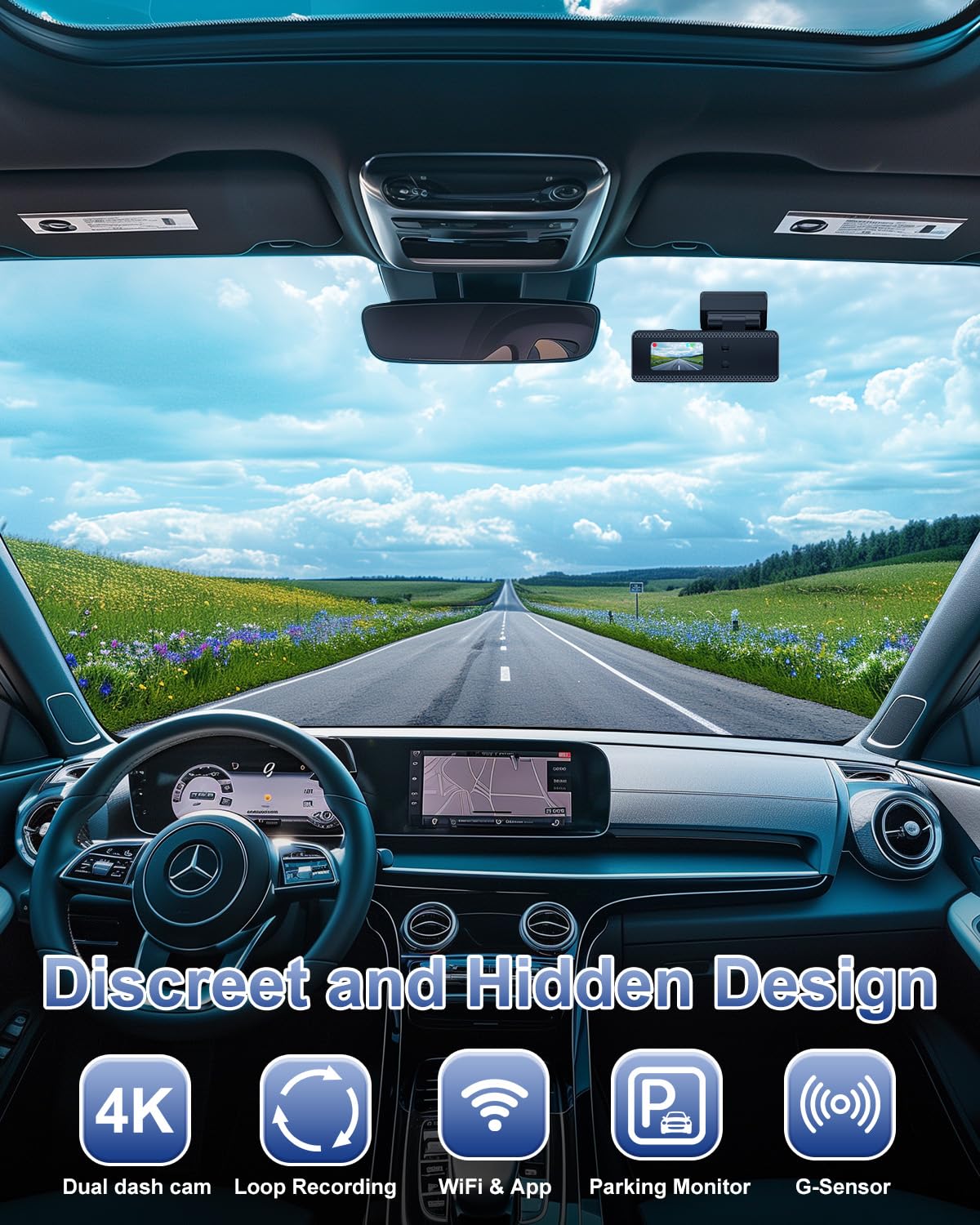 DYNACAM Dash Cam Front and Rear 4K+1080P, Dash Cam Inserted 64GB SD Card, Built-in WiFi Dash Camera for Cars, Super Night Vision Dashcam, 24H Parking Mode, G-Sensor, Loop Recording Car Camera