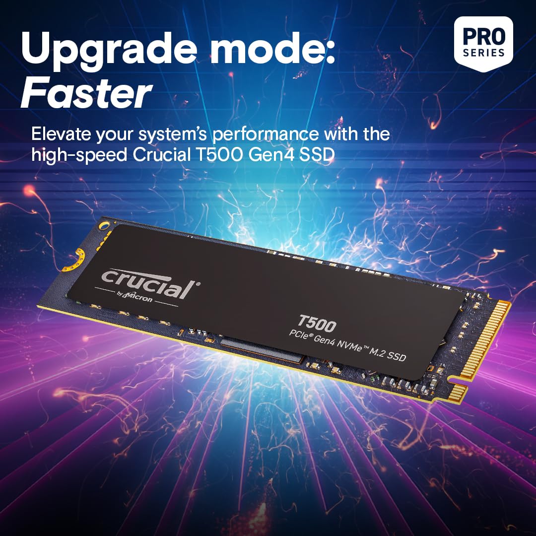 Crucial T500 1TB SSD PCIe Gen4 NVMe M.2 Internal Gaming SSD, Up to 7300MB/s, TLC NAND, Laptop and Desktop Compatible, Microsoft DirectStorage, Solid State Drive - CT1000T500SSD8