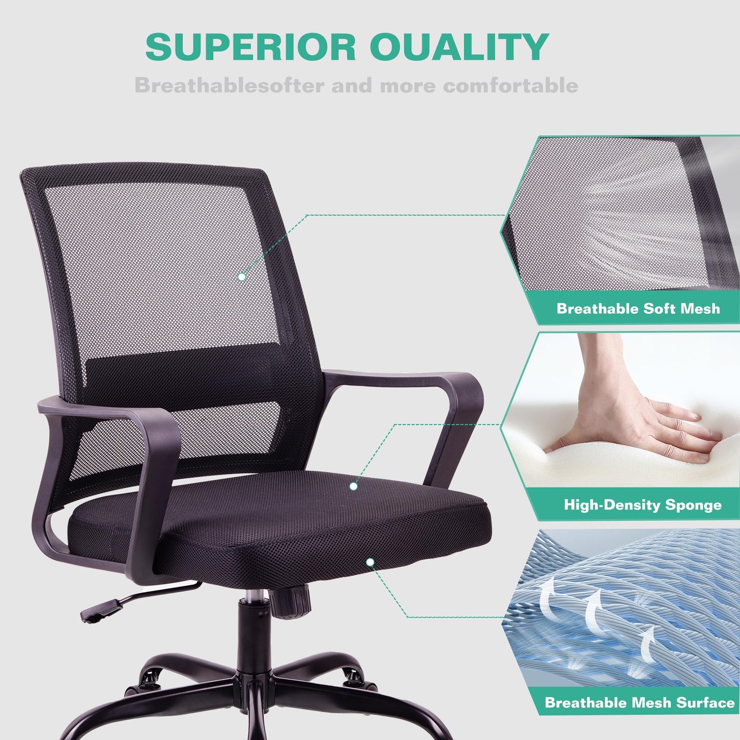 T-THREE. Adjustable Office Chair Ergonomic Mesh Swivel Chair Office Chair Desk Chair Lumbar Support Height Adjustable 360°Swivel Rocking Function Mesh Back Seat for Home Office(Black)