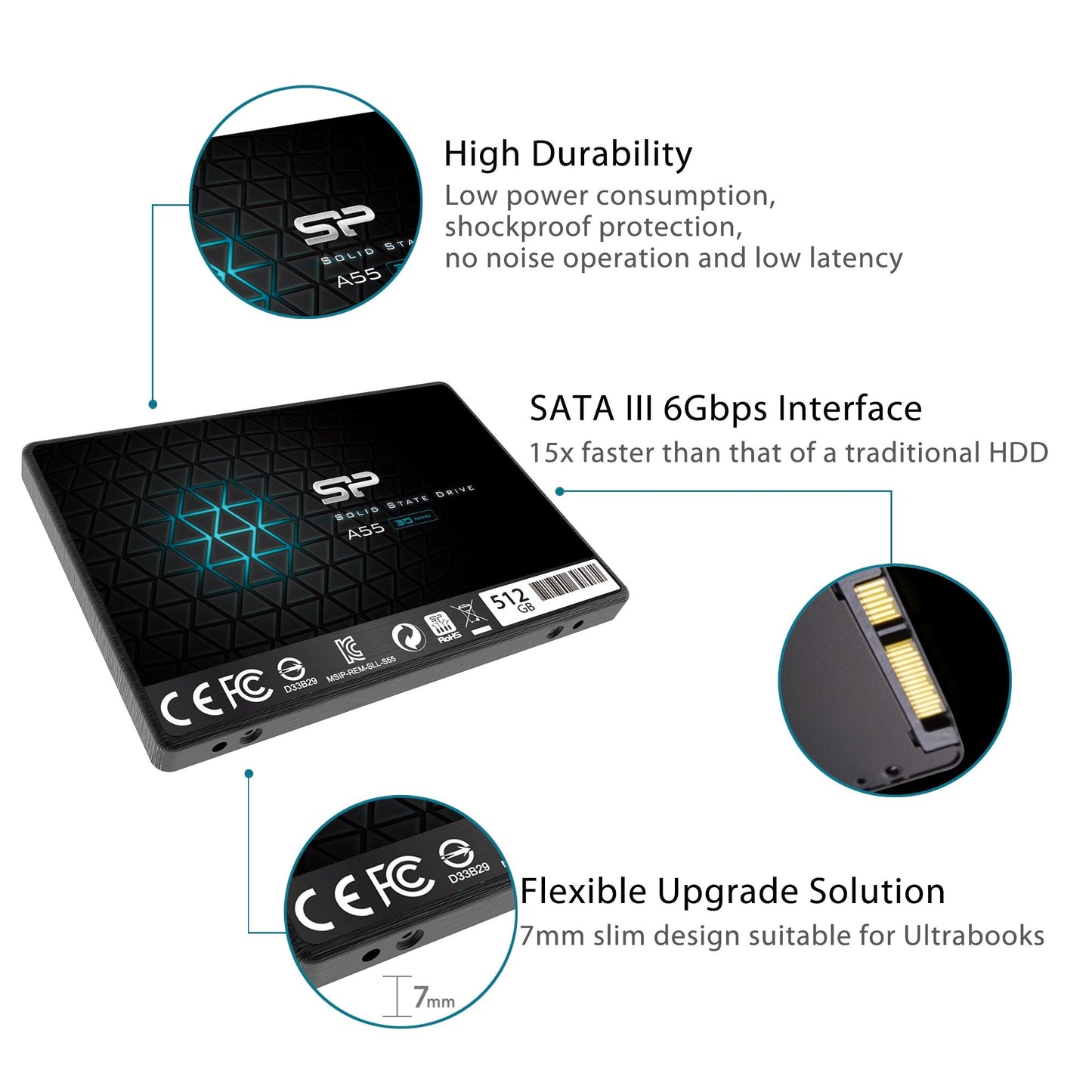 Silicon Power SSD 512GB 3D NAND A55 SLC Cache Performance Boost 2.5 inch SATA III 7mm (0.28") Internal Solid State Drive