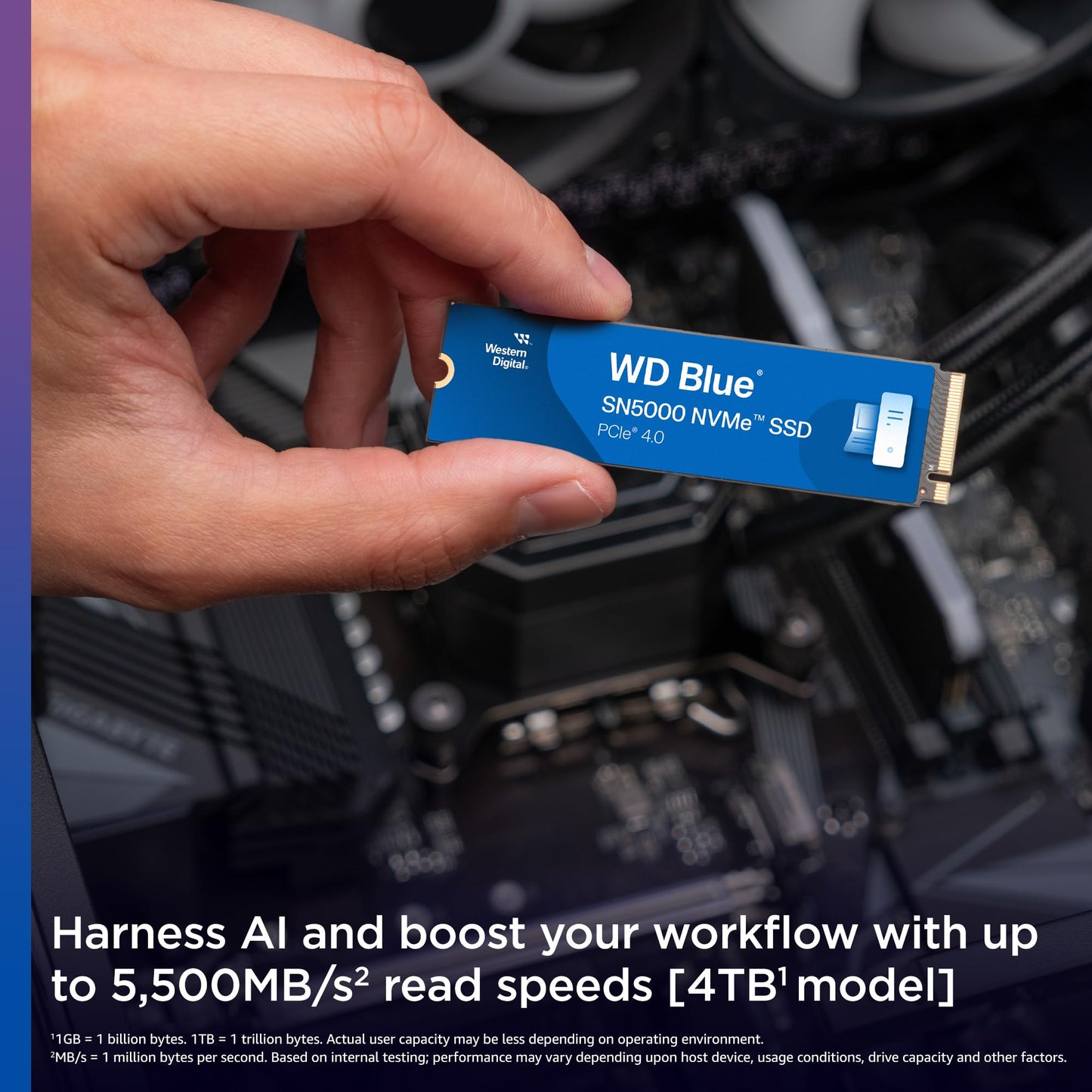 WD Blue SN5000 4TB SSD, M.2 2280 NVMe SSD, Read speeds up to 5500 MB/s, PCIe Gen4, nCache Technology, Free Acronis True Image data migration software, Internal solid state drive.