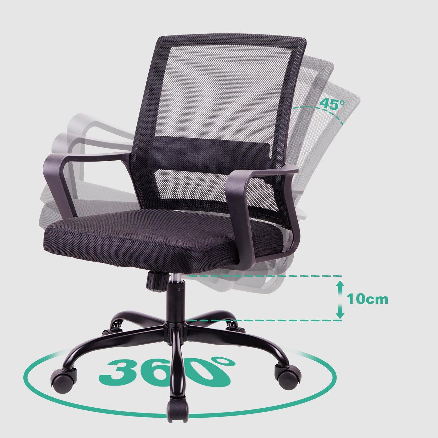 T-THREE. Adjustable Office Chair Ergonomic Mesh Swivel Chair Office Chair Desk Chair Lumbar Support Height Adjustable 360°Swivel Rocking Function Mesh Back Seat for Home Office(Black)