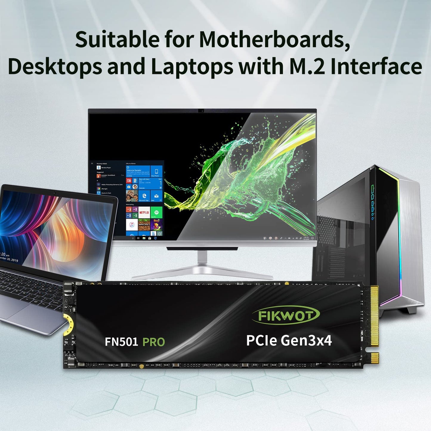 Fikwot FN501 Pro NVMe SSD 512GB M.2 2280 Up to 3500MB/s PCIe Gen3 x4 3D TLC NAND Internal Solid State Drive, SLC Cache Compatible with Laptops & Desktops