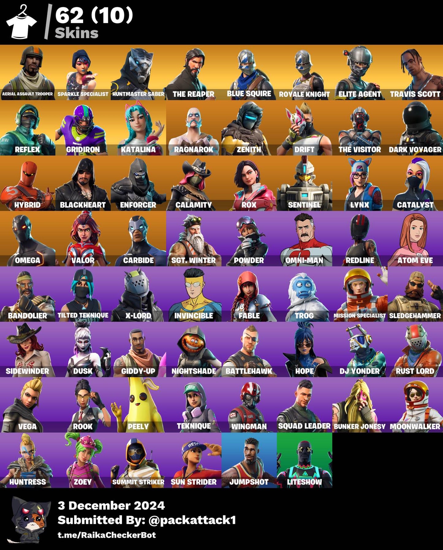 Fortnite Account - 62 Skins | Aerial Assault Trooper, Sparkle Specialist, Travis Scott