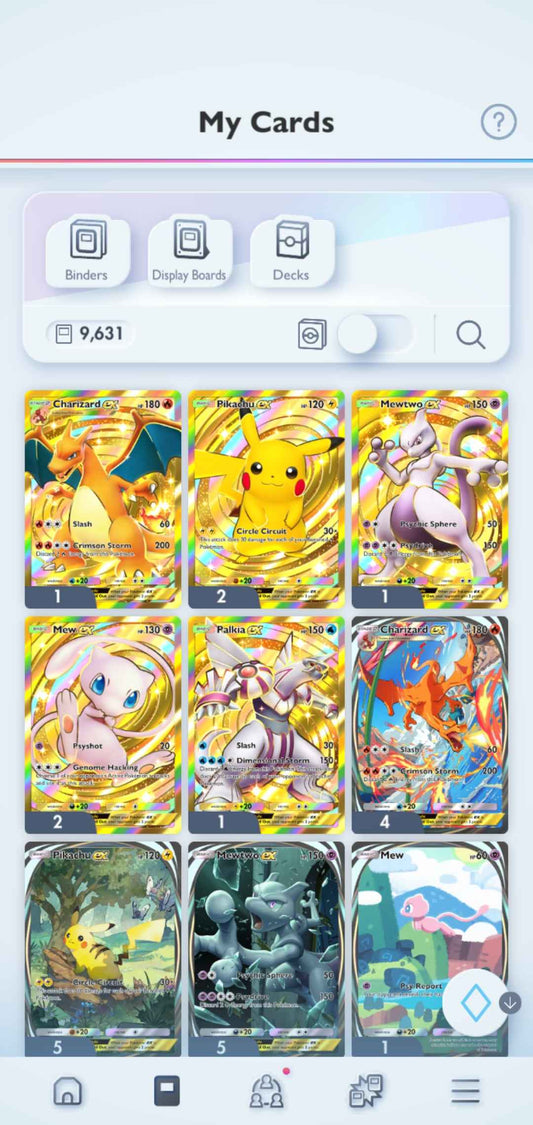 Pokémon TCG Pocket: LvL. 50 | 10,000+ Cards | 7 Crown Cards + 23 Immersive Cards | Charizard, 2x Pikachu, Mewtwo, 2 x Mew, & Palkia Crown EX
