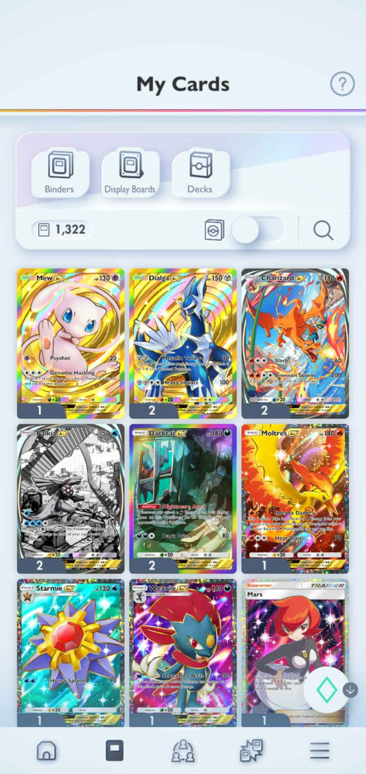 Pokémon TCG Pocket: Lvl. 23 | 1300+ Cards | 3 Crown Cards + 4 Immersive Cards | Mew and 2 x Dialga Crown EX | Charizard and Palkia Immersive EX | 2 x Darkrai EX