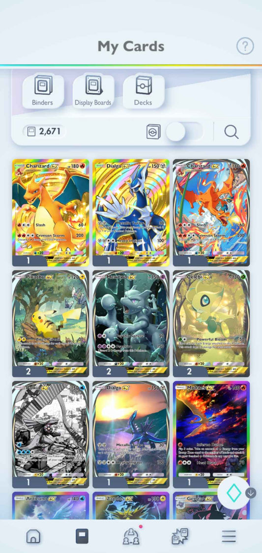 Pokémon TCG Pocket: LvL. 34 | 2600+ Cards | 2 Crown Cards + 8 Immersive Cards | Charizard & Dialga Crown EX | Charizard, Pikachu, Mewtwo, Celebi & Palkia Immersive