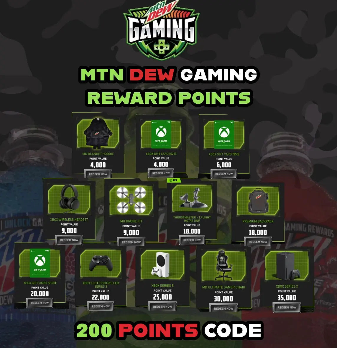 MTN DEW GAMING REWARD POINTS (200 Points Per Code)