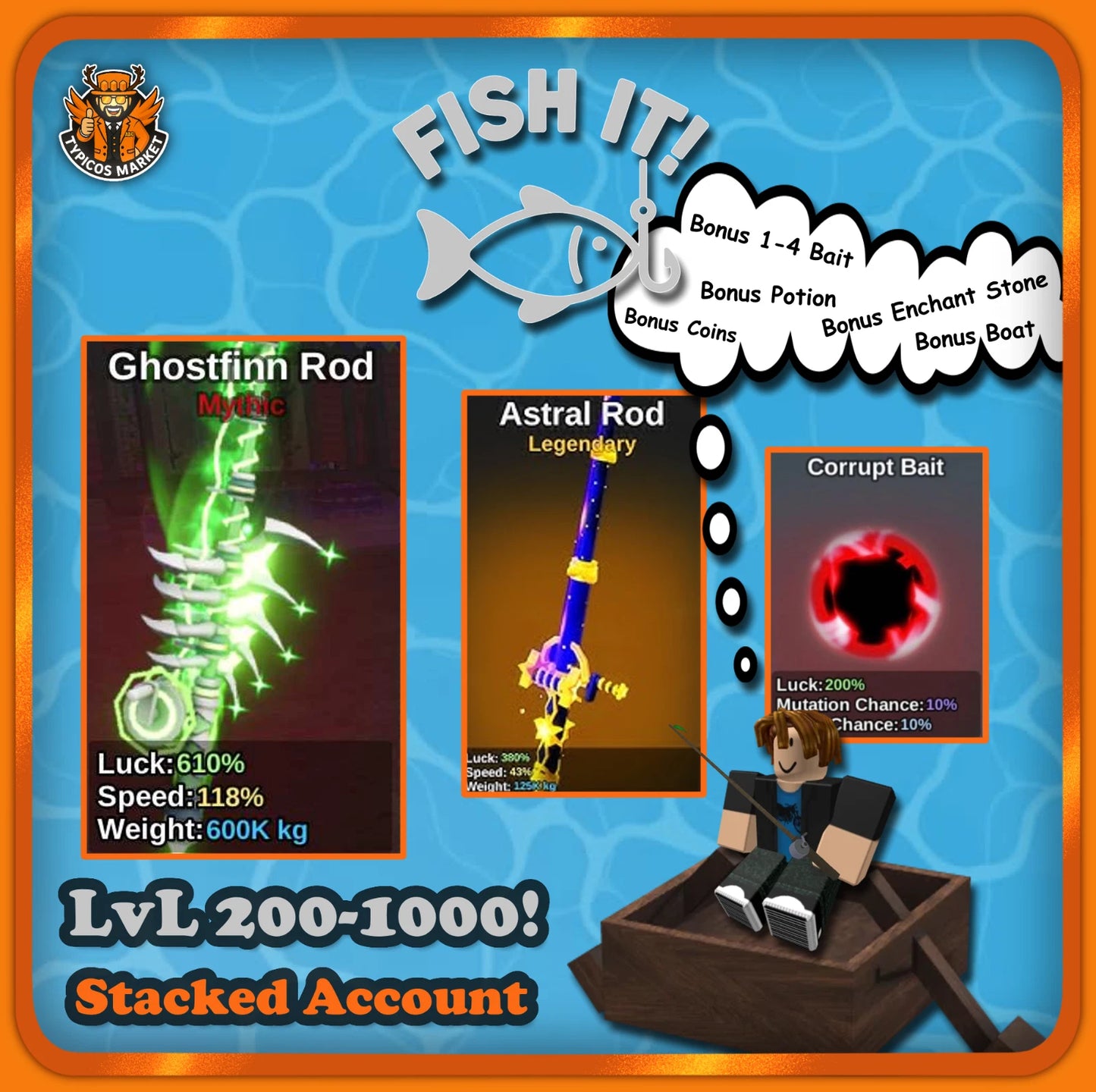 [FISH IT!] - Ghostfinn Rod + Astral Rod Stacked - 200 to 1000 lvl [RANDOM BONUS]